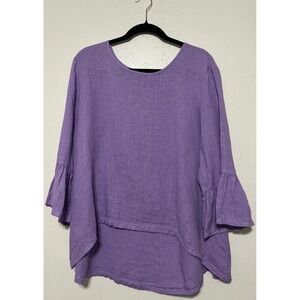 Bryn Walker Purple Linen Top 3/4 Ruffle Bell Sleeves Pullover Style M Lagenlook